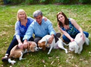 Humans, left to right: Joan, Jeff, daughter Maggie; dogs left to right: Ricky, Nolan (Maggie's), and Toby